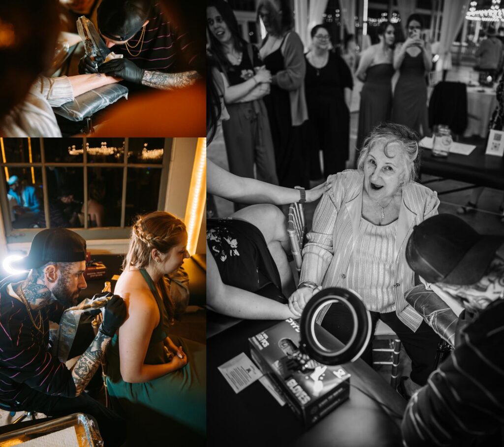 black and white photo of an older woman getting a tattoo at the wedding tattoo flash station